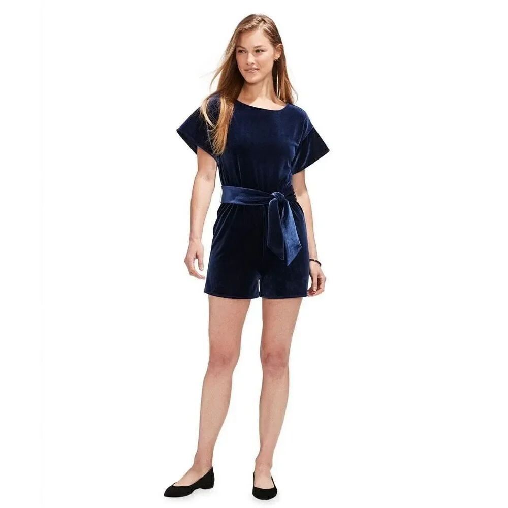 Vineyard Vines Size XS Bow Waist Velvet Romper Dark Blue Holiday Cocktail Party